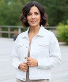 Women's white oversized denim jacket, styled look