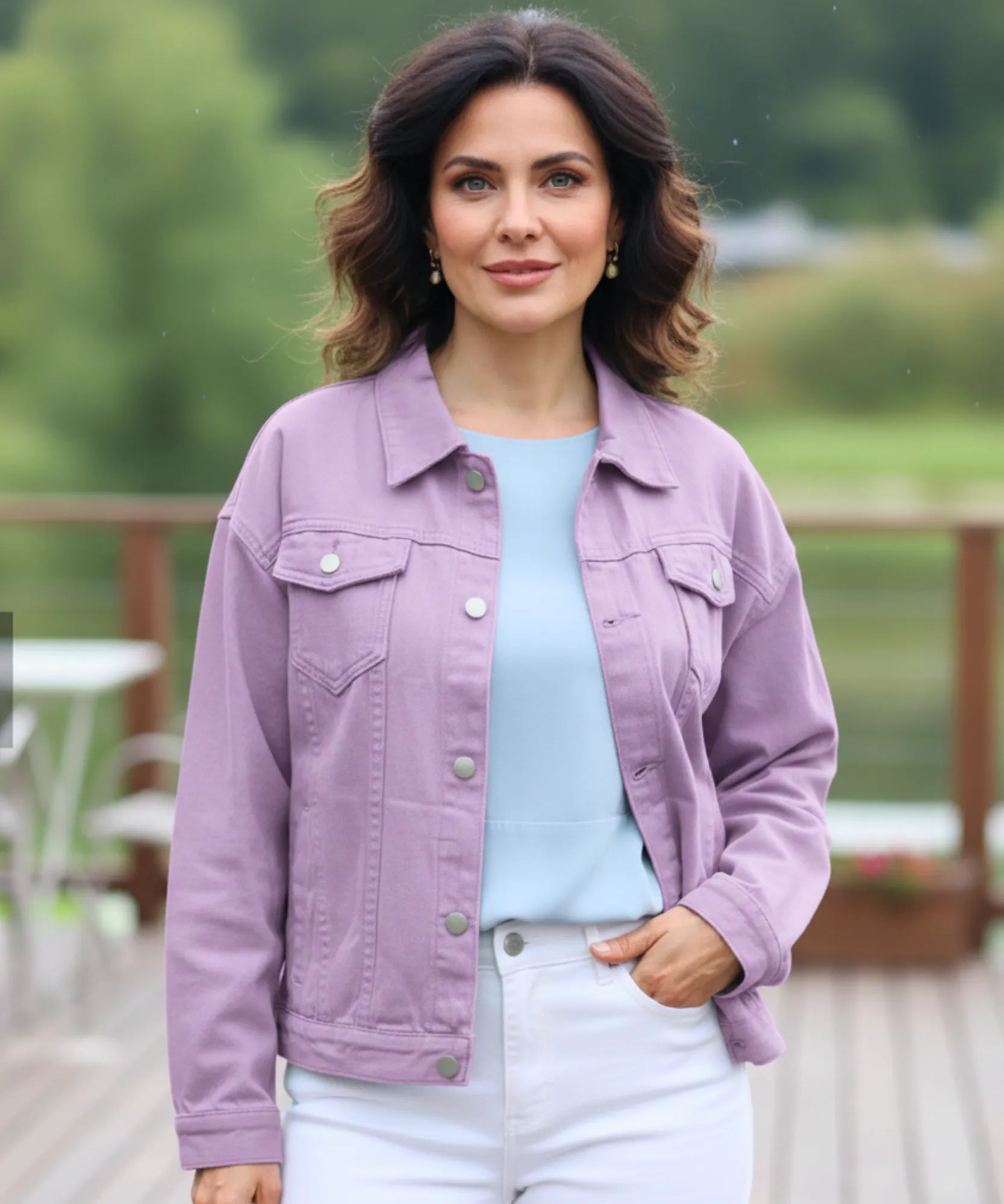 Women's lilac oversized denim jacket, styled look