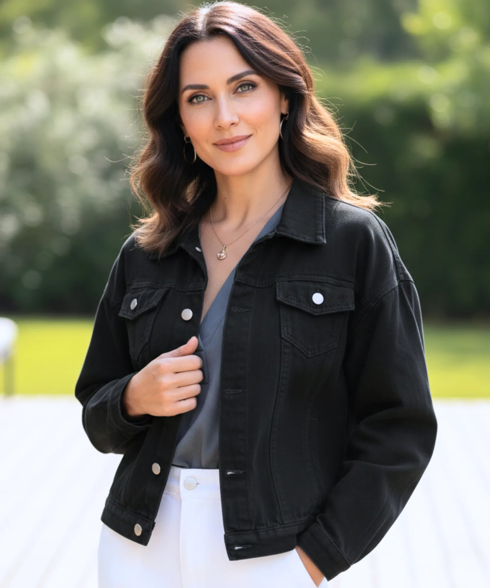 Women's black oversized denim jacket, styled look