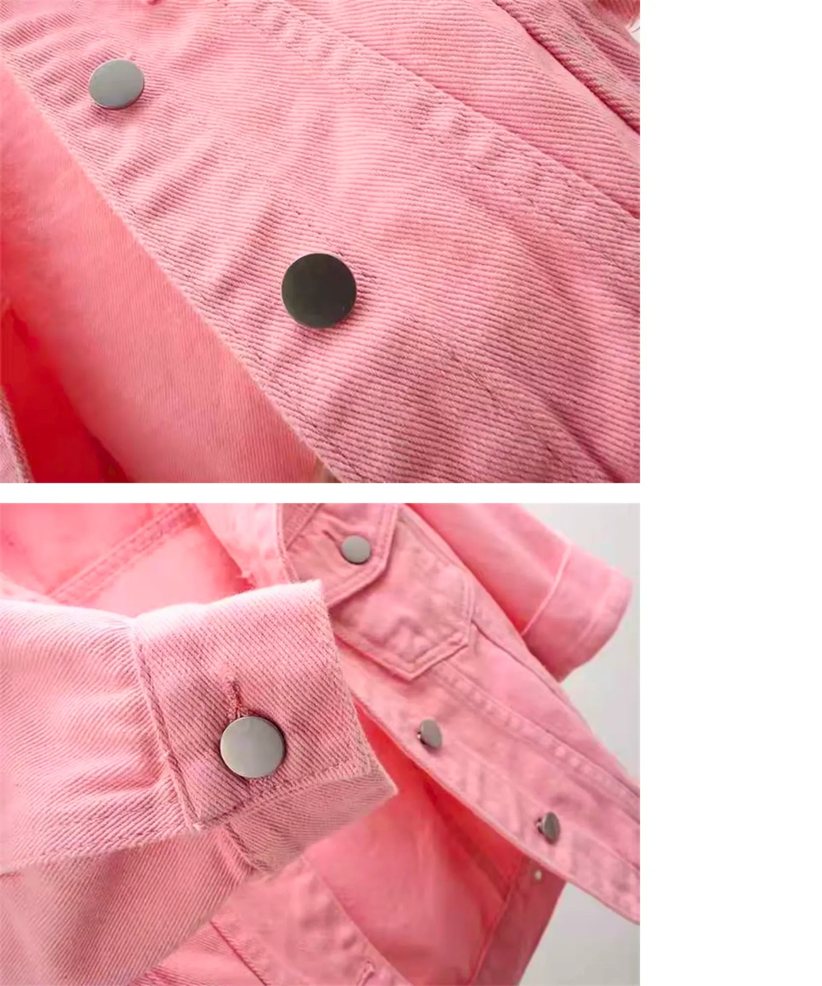 Women's pink oversized denim jacket, front view