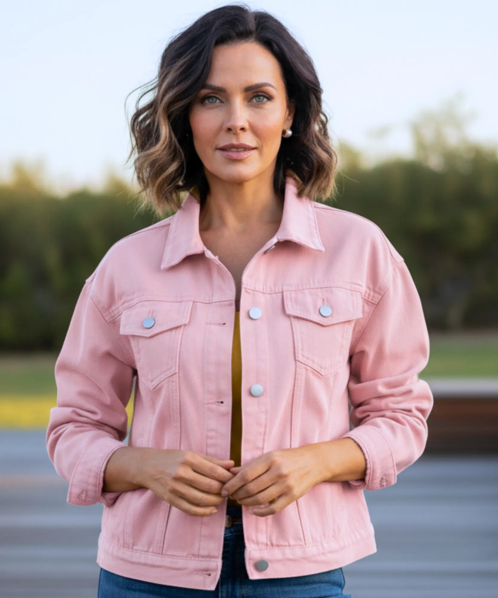 Women's pink oversized denim jacket, styled look
