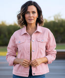 Women's pink oversized denim jacket, styled look