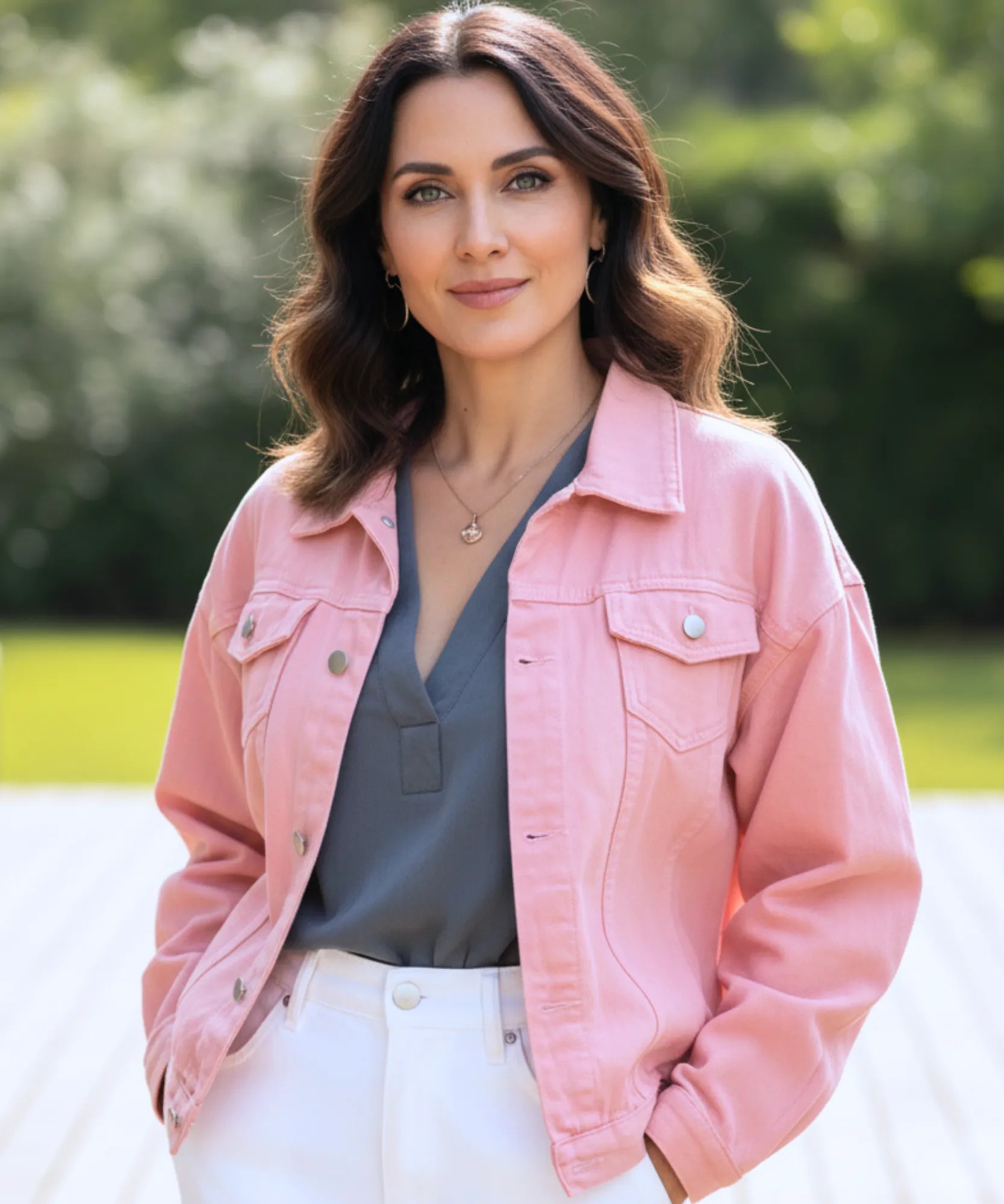 Women's pink oversized denim jacket, front view