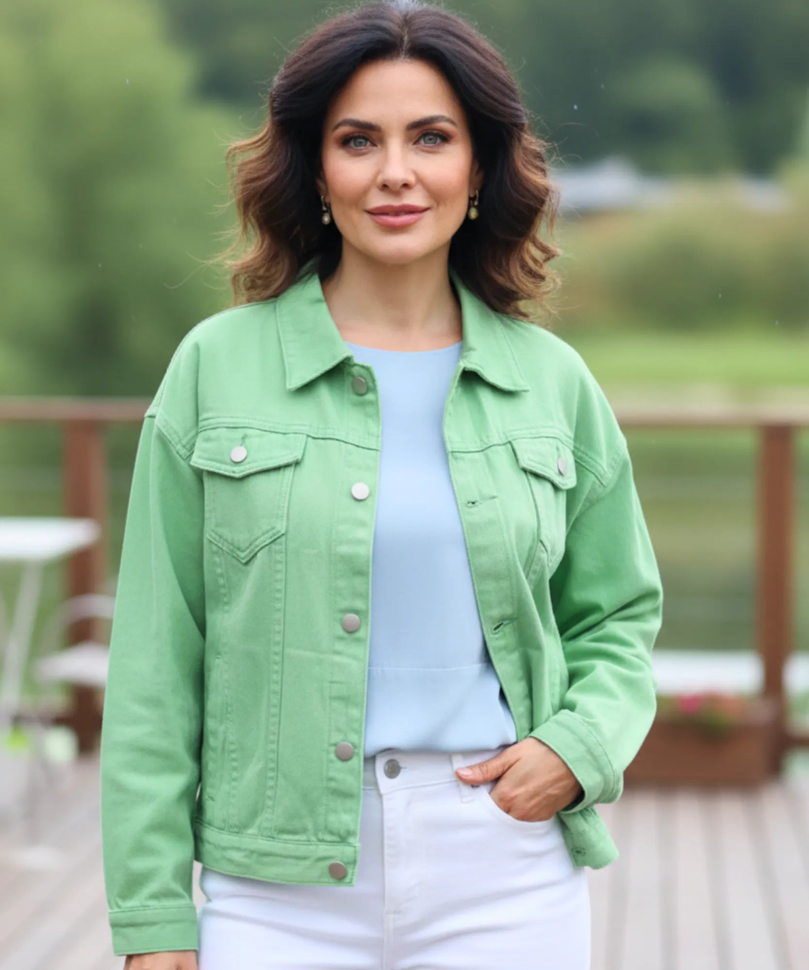 Women's green oversized denim jacket, styled look