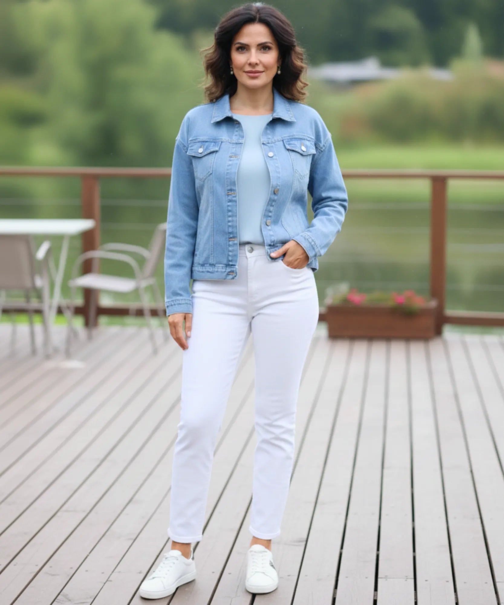 Women's oversized denim jacket, front view