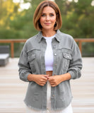 Women's grey distressed oversized denim jacket, styled look