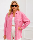 Comprar Jaqueta jeans destroyed feminina rosa oversized com bolsos e botões em look casual moderno em promoção ZARA
