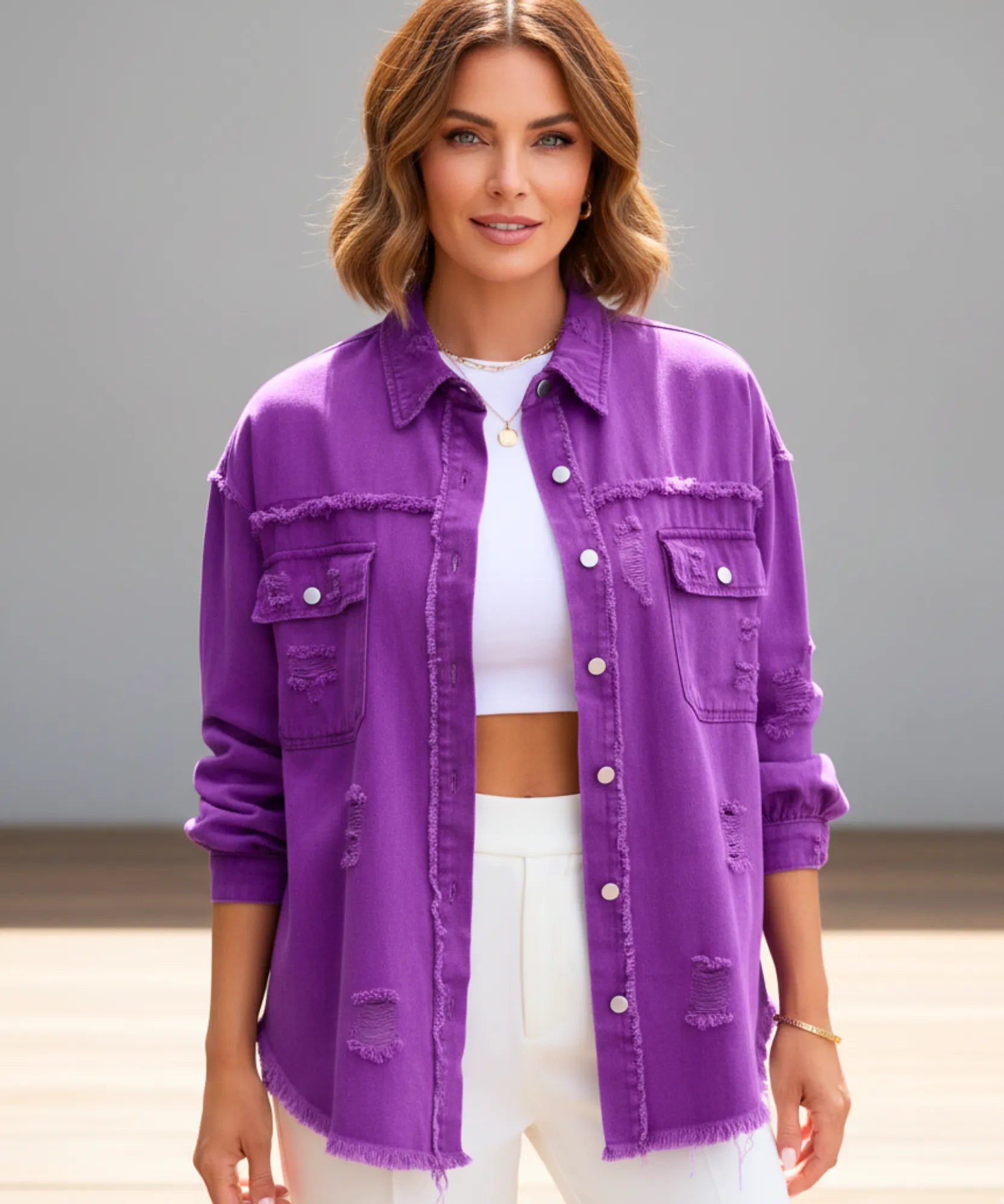 Women's purple distressed oversized denim jacket, detail view