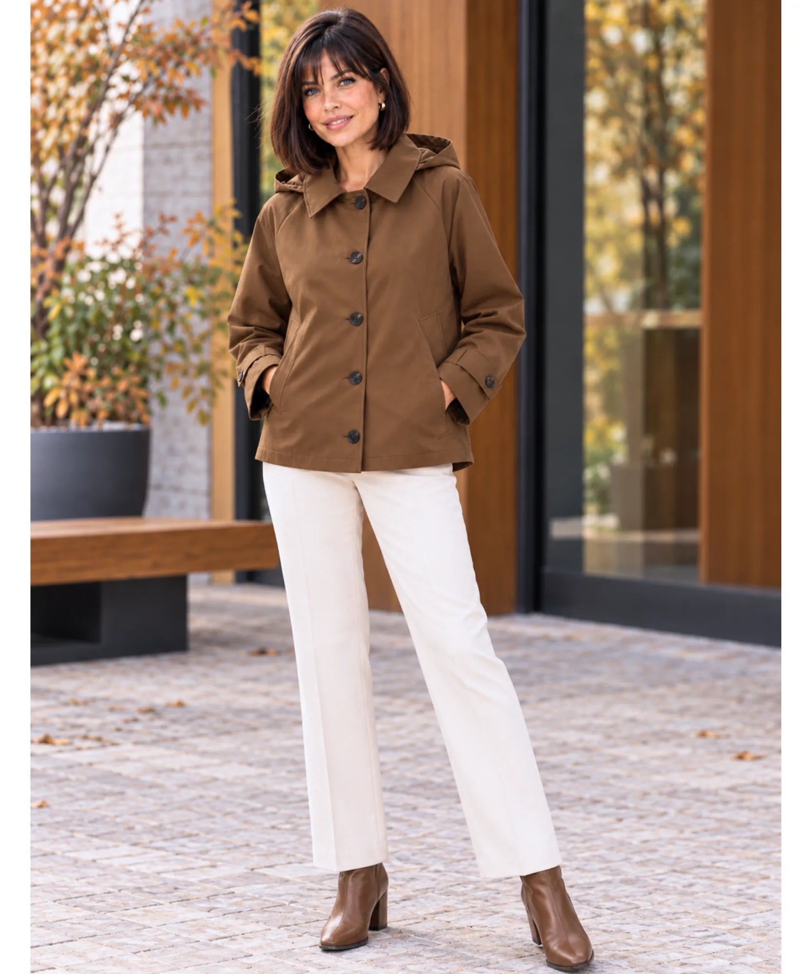 Women's utility jacket in brown with button front and relaxed fit