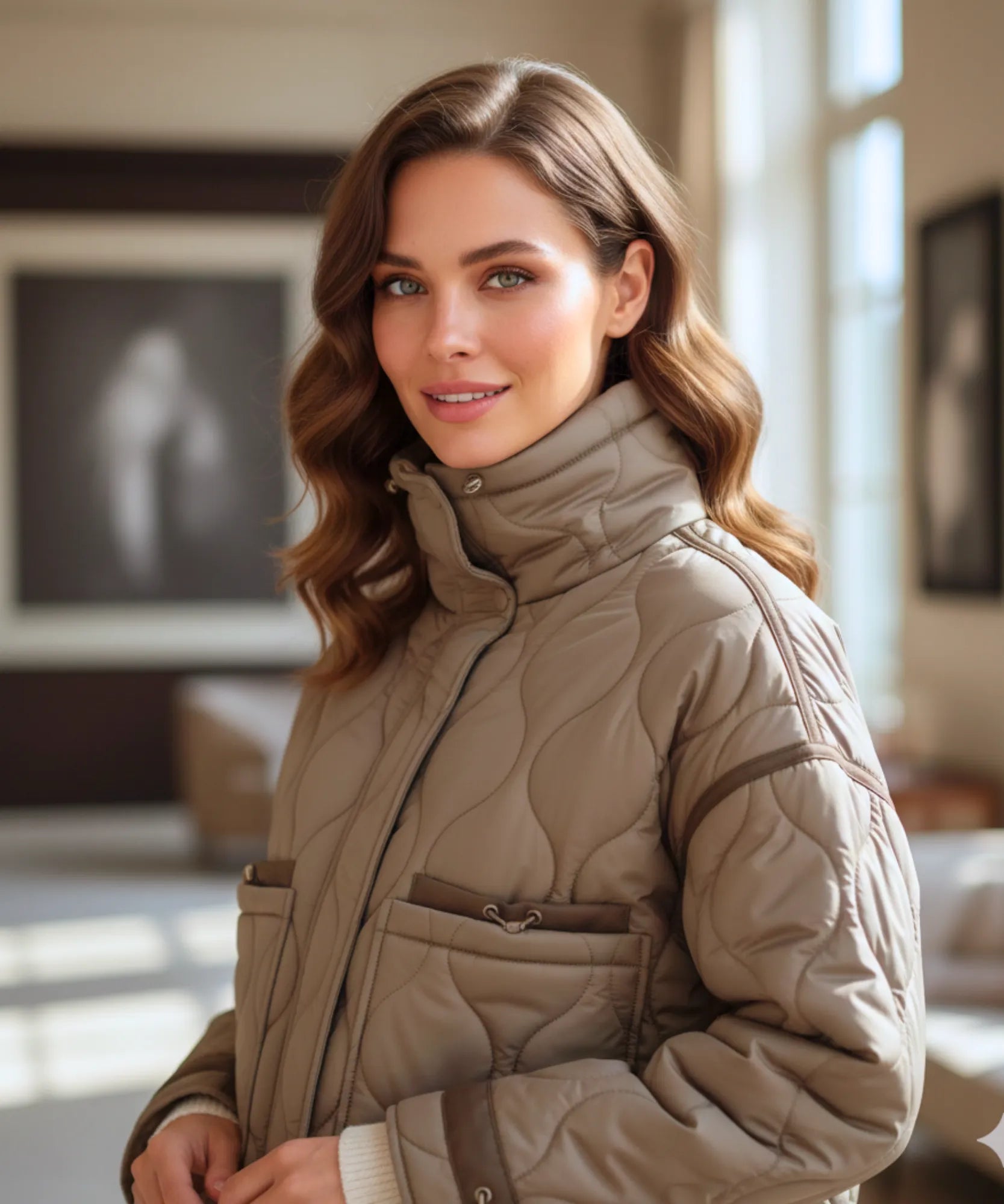 Women's oversized puffer jacket in mocha, quilted detail