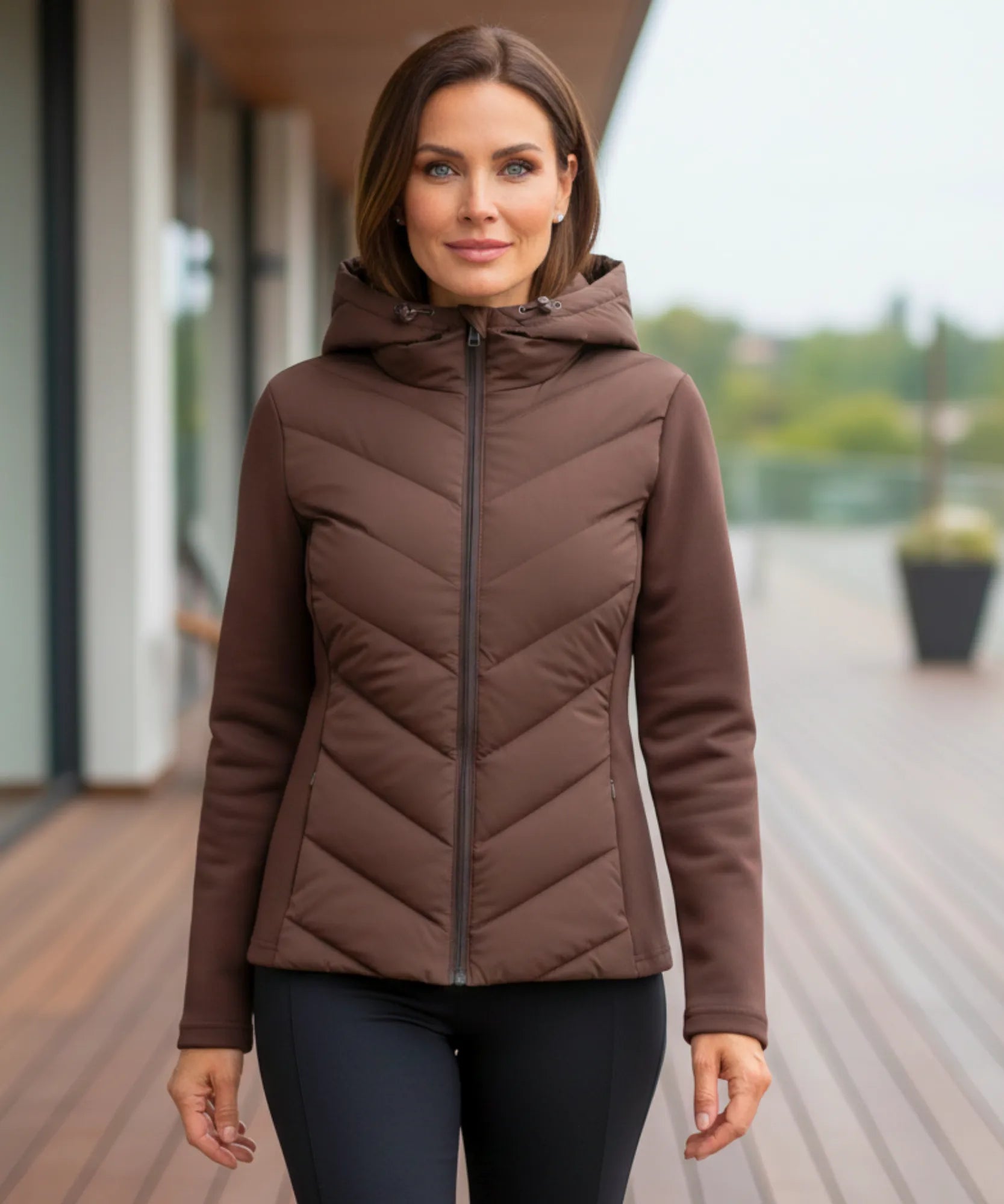 Women's waterproof puffer jacket in mocha, front view