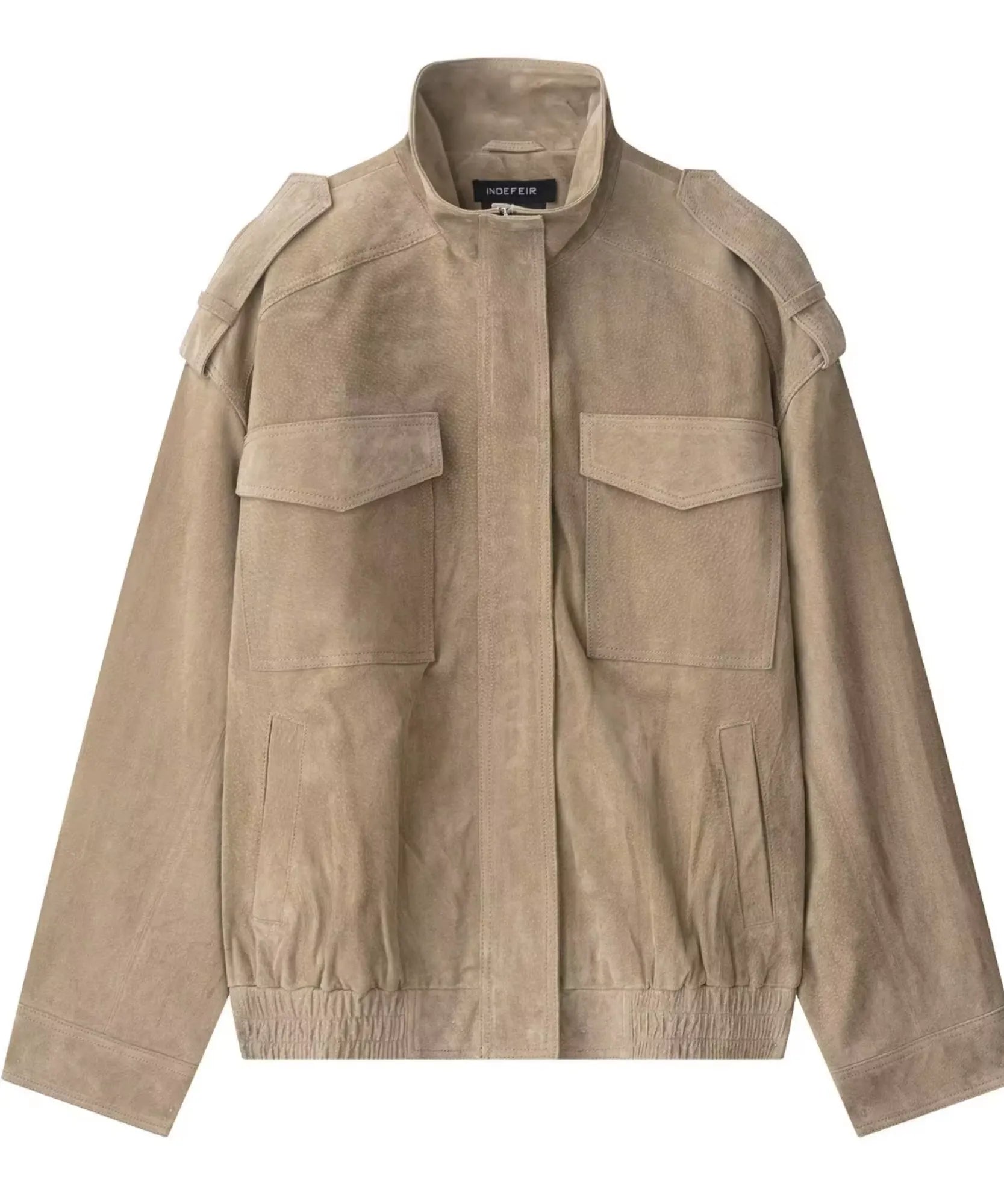 Women's suede bomber jacket in beige with metal front zip