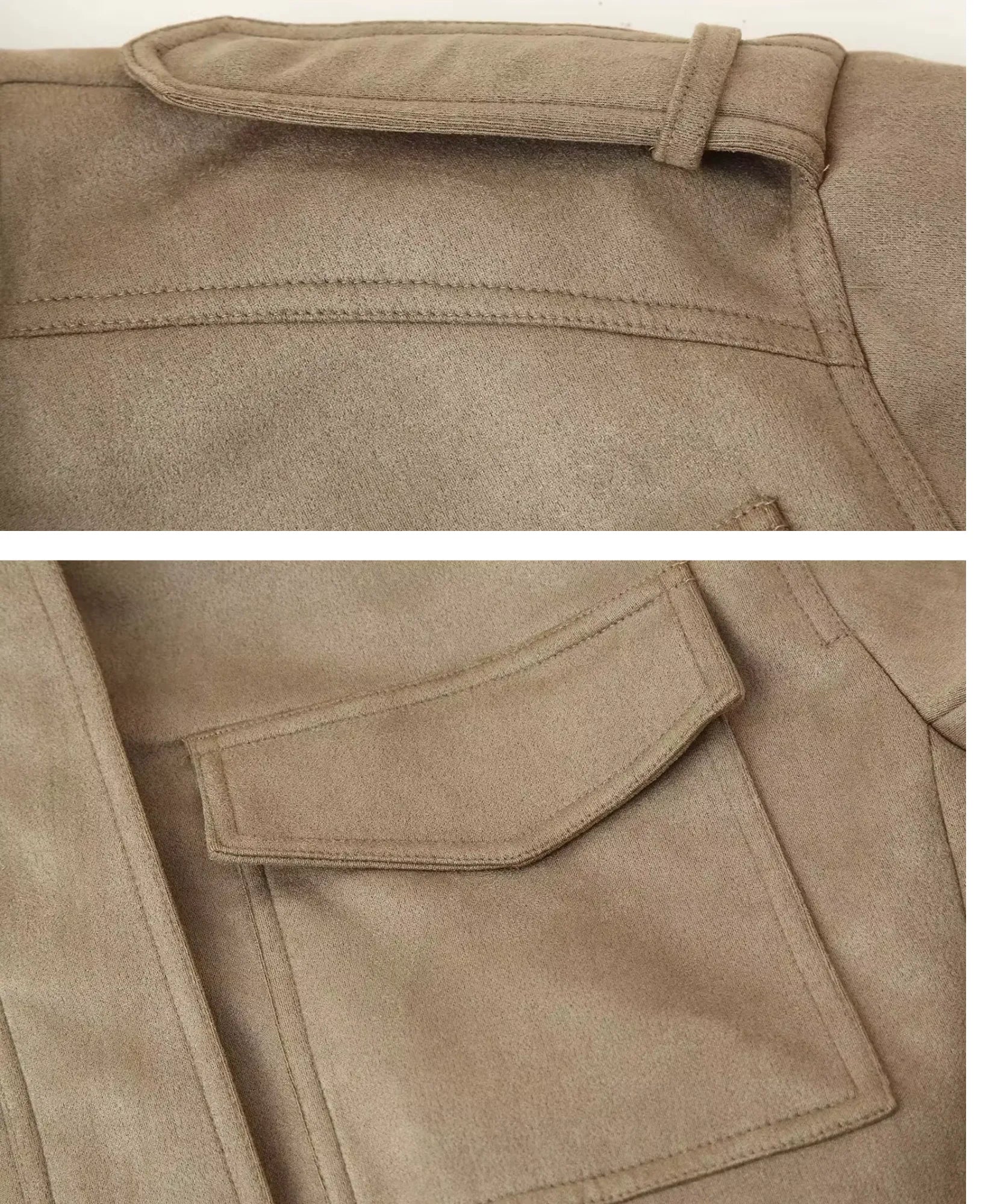 Women's suede bomber jacket in beige, detail of the shoulder and flap pocket