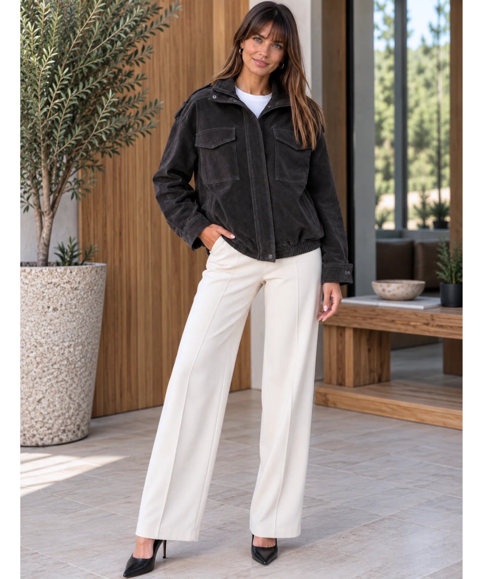 Women's oversized suede bomber jacket in charcoal worn open