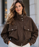 Women's brown suede jacket with funnel neck, front view