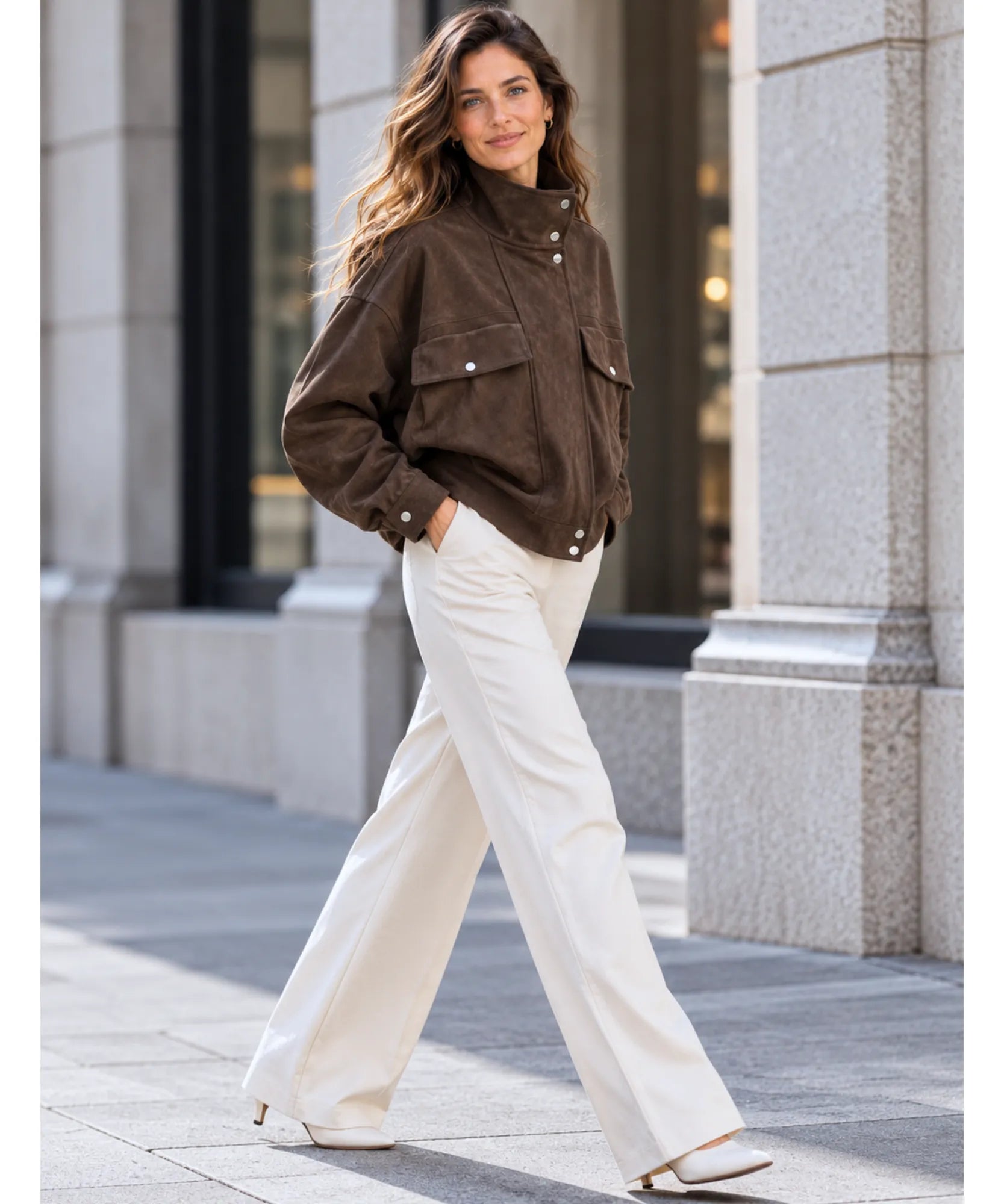 Women's brown suede jacket, full outfit with cream trousers