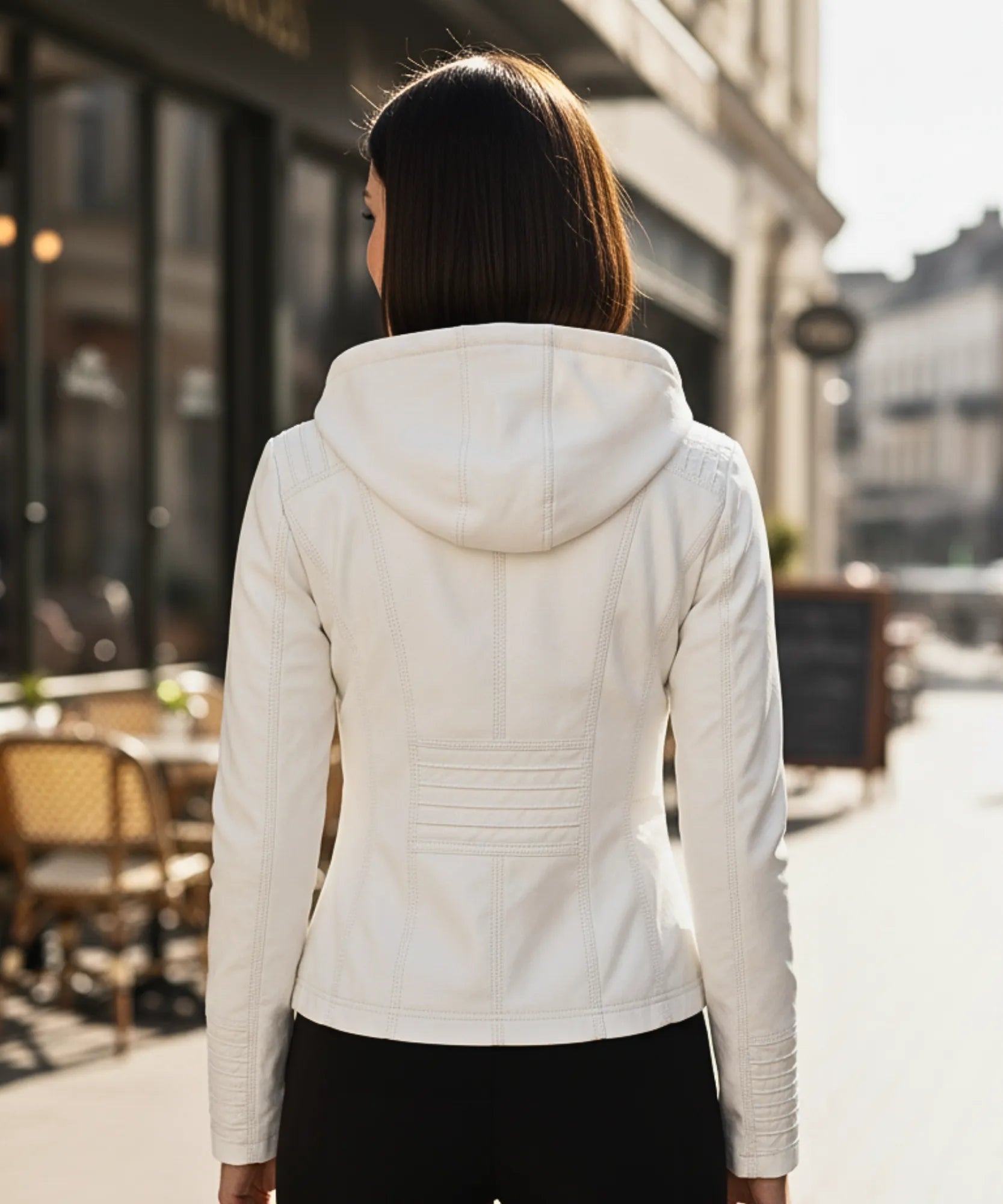Women's white vegan leather moto jacket, styled look