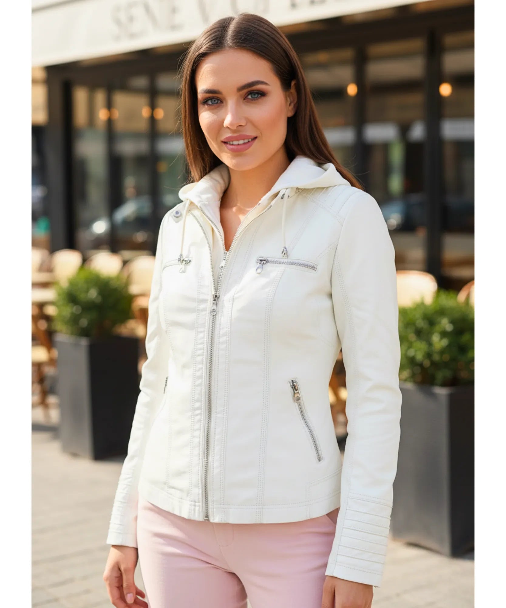 Women's white vegan leather moto jacket with hood