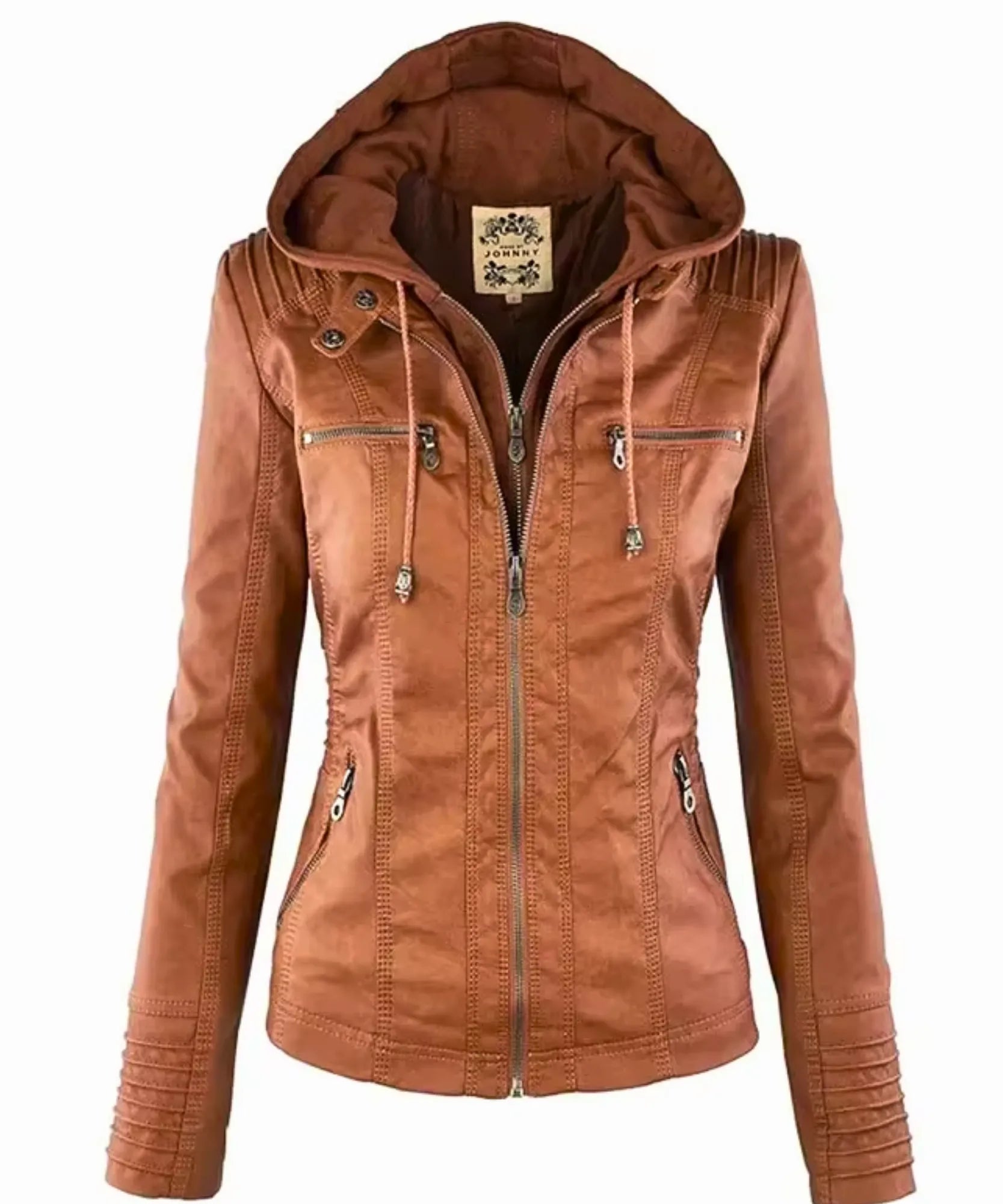 Women's brown vegan leather moto jacket with fitted waist