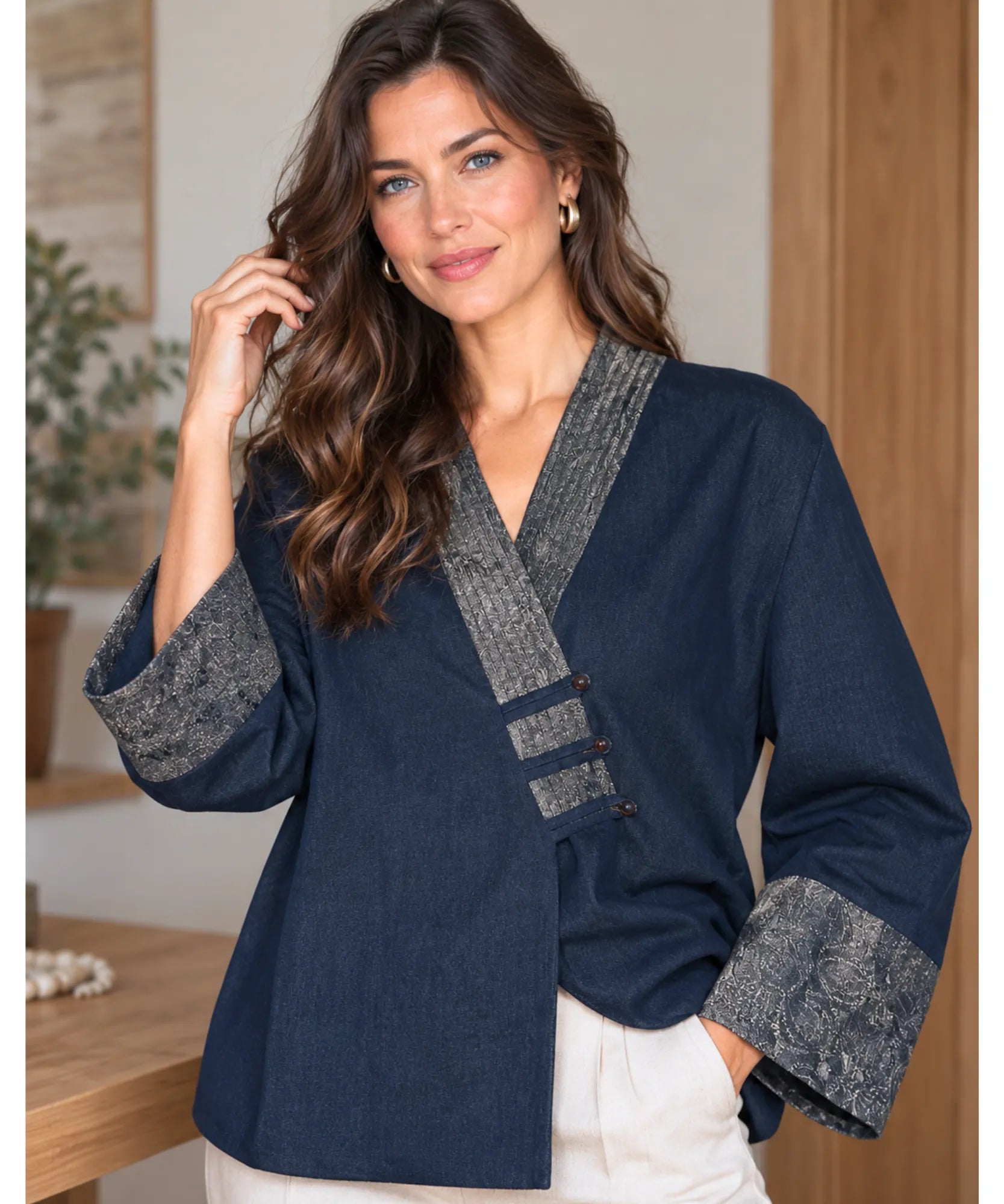 Women's navy denim kimono jacket with a relaxed hip-length fit