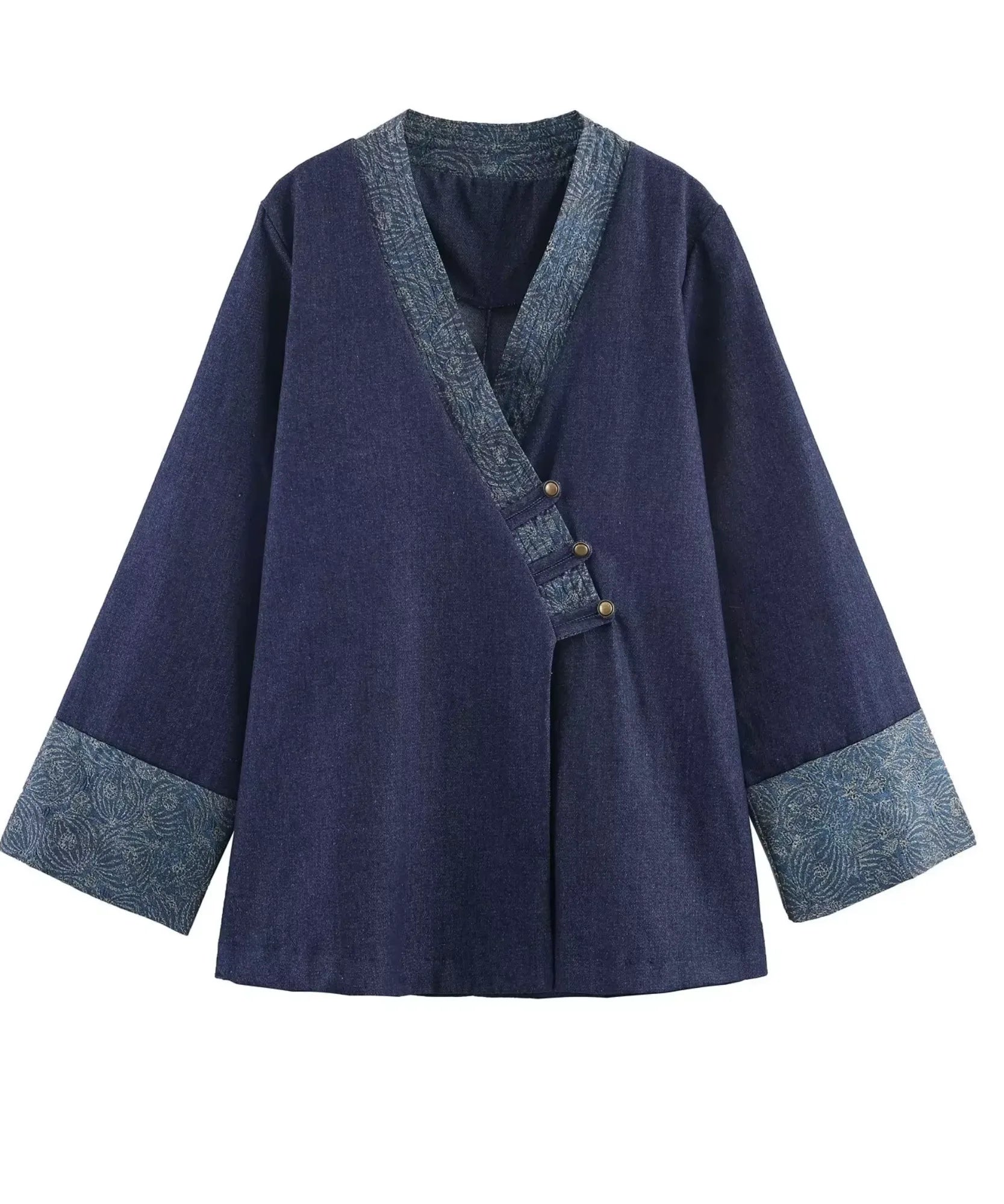 Women's denim kimono jacket in navy with wrap collar and wide cuffs