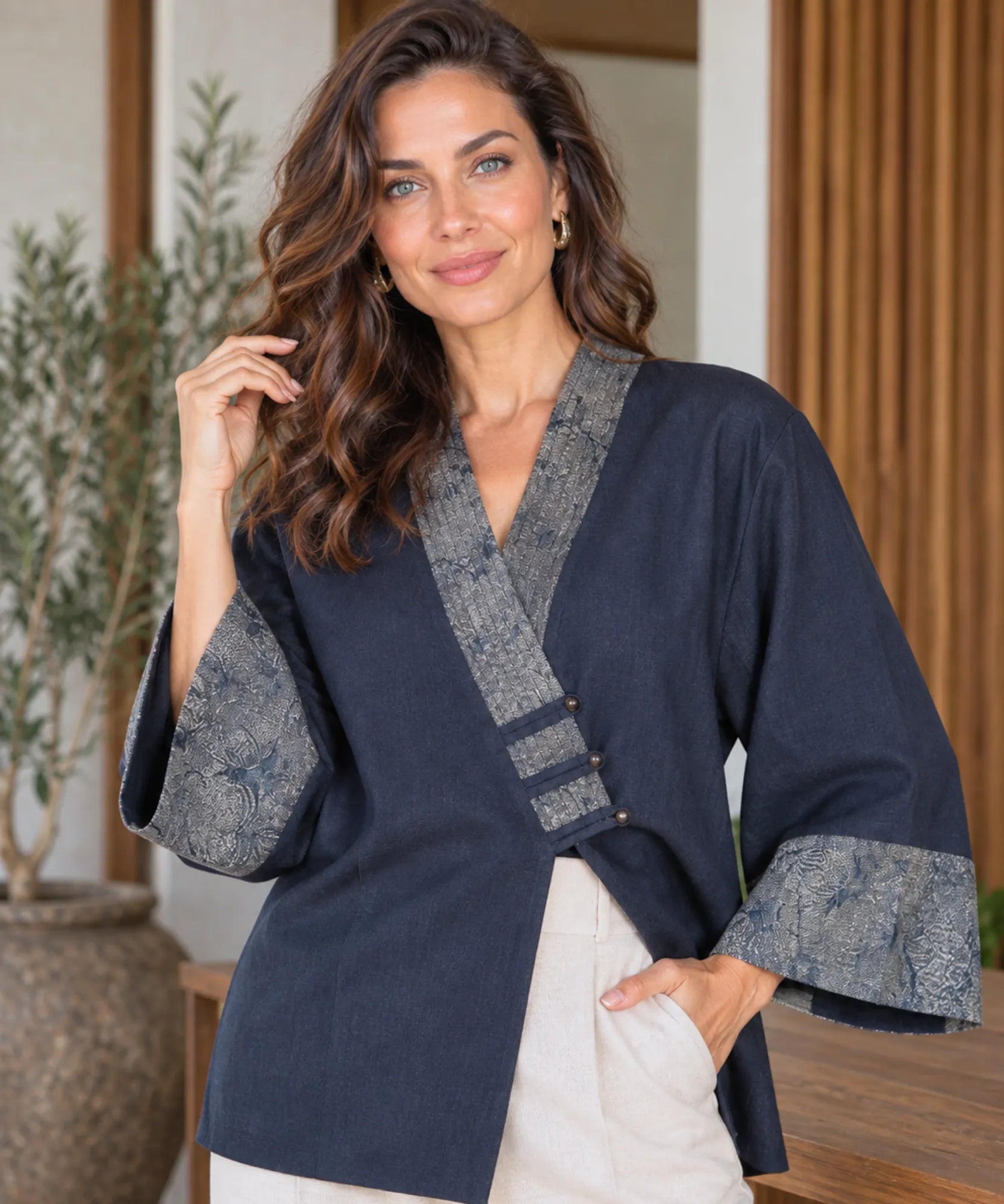Women's denim kimono jacket wrap front V-neckline detail