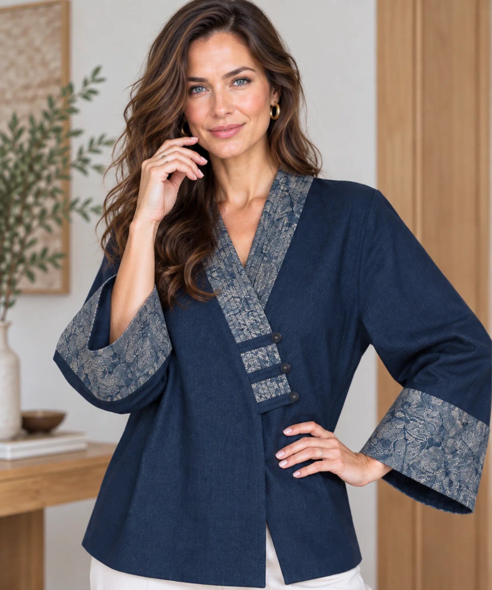 Women's navy denim kimono jacket with floral jacquard collar