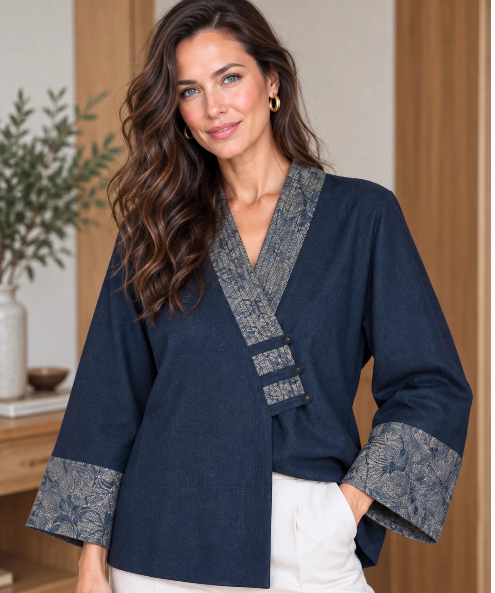 Women's denim kimono jacket with antiqued metal front buttons