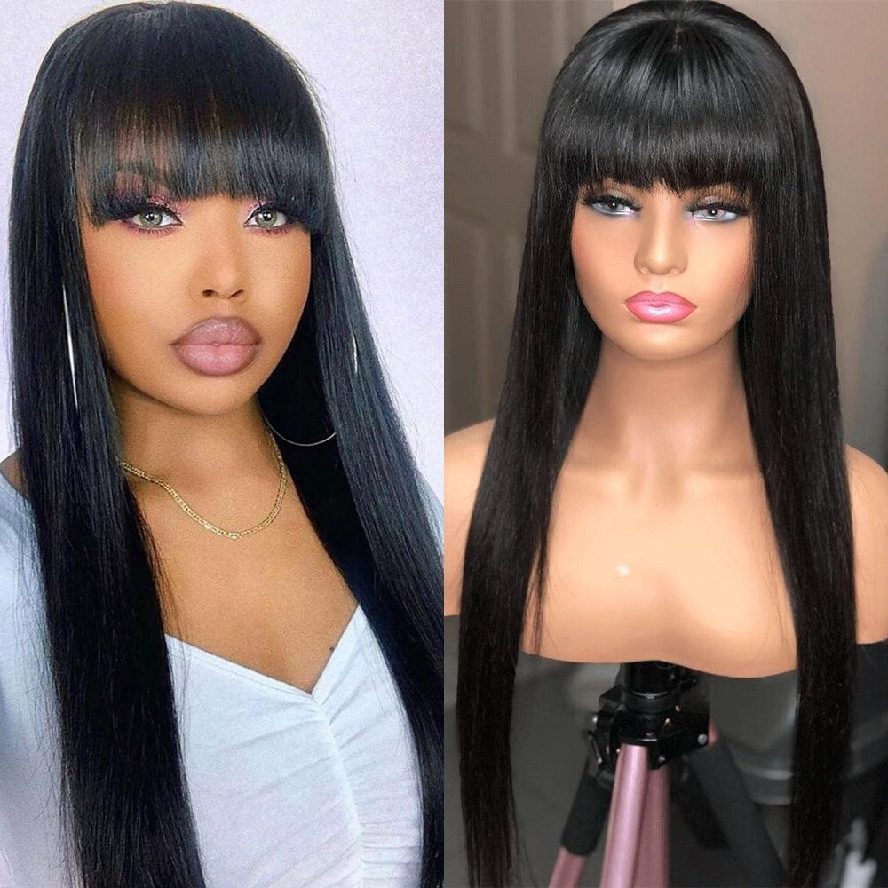 Lace Front 100% Human Hair Long Straight Wig with Bangs - Anellace