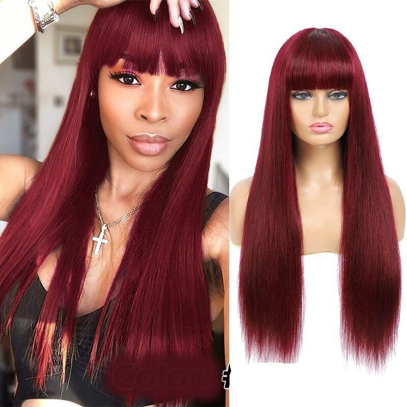 Lace Front 100% Human Hair Long Straight Wig with Bangs - Anellace