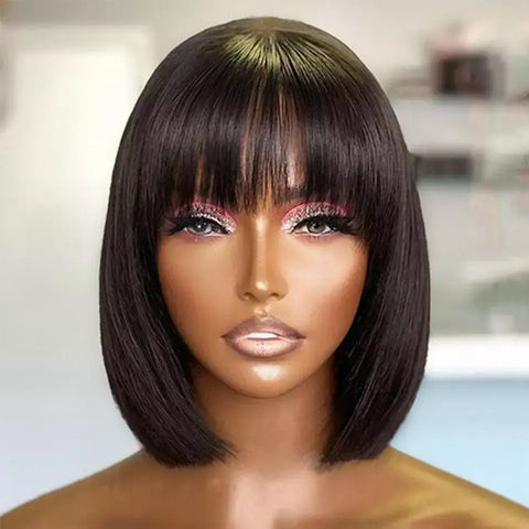 Lace Front 100% Human Hair Short Straight Wig with Bangs - Anellace