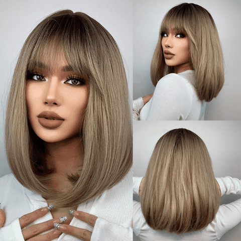 Lace Medium Straight Wig with Bangs - Anellace