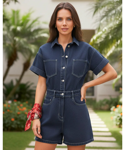 Women's Short Denim Romper with Belt and Pockets | Dora