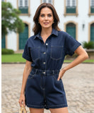 Women's Short Denim Romper with Belt and Pockets | Dora