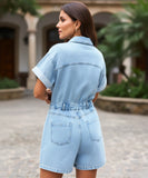 Women's Short Denim Romper with Belt and Pockets | Dora