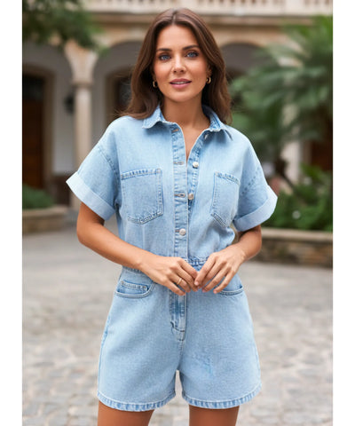 Women's Short Denim Romper with Belt and Pockets | Dora