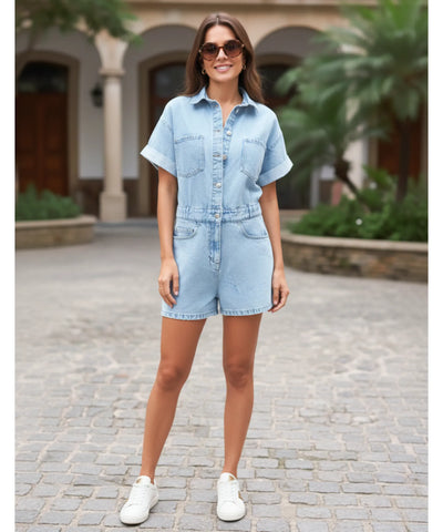 Women's Short Denim Romper with Belt and Pockets | Dora