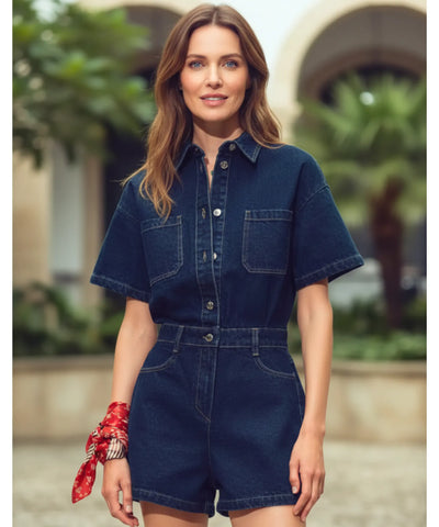 Women's Short Denim Romper with Belt and Pockets | Dora