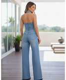 Women’s Wide Leg Denim Jumpsuit with Shirt Collar | Rosae