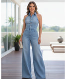 Women’s Wide Leg Denim Jumpsuit with Shirt Collar | Rosae