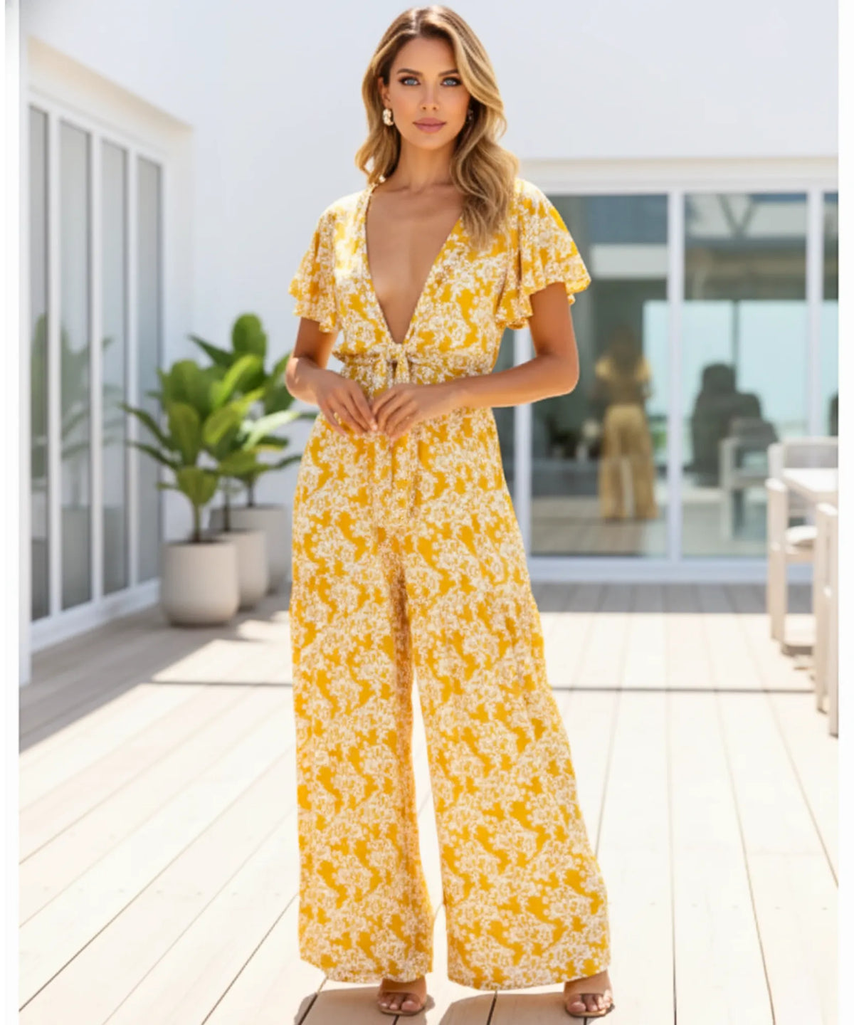 Women's Floral Boho Long Jumpsuit with Waist Tie | Bili