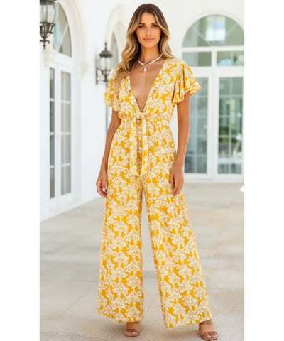 Women's Floral Boho Long Jumpsuit with Waist Tie | Bili