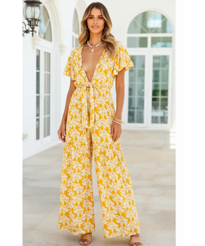 Women's Floral Boho Long Jumpsuit with Waist Tie | Bili