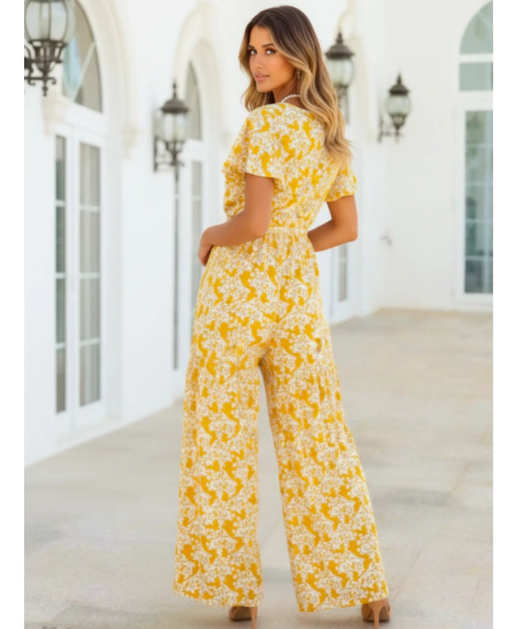 Comprar macacão feminino longo estampado floral manga curta amarração cintura pantalona viscose verão boho barato ANELLIMN