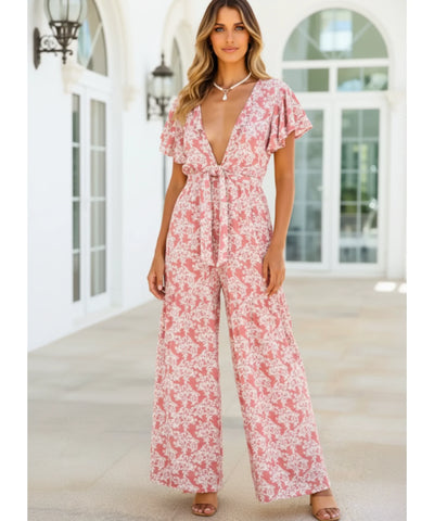 Women's Floral Boho Long Jumpsuit with Waist Tie | Bili