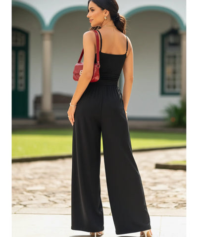 Women’s Long Knit Wide Leg Jumpsuit with Adjustable Straps | Ema