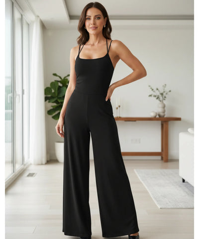 Comprar macacão feminino longo preto malha alças cruzadas decote quadrado calça pantalona em promoção ZARA
