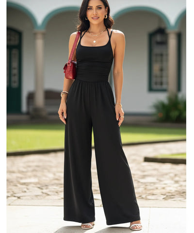 Comprar macacão feminino longo preto malha alças cruzadas decote quadrado calça pantalona em promoção ZARA
