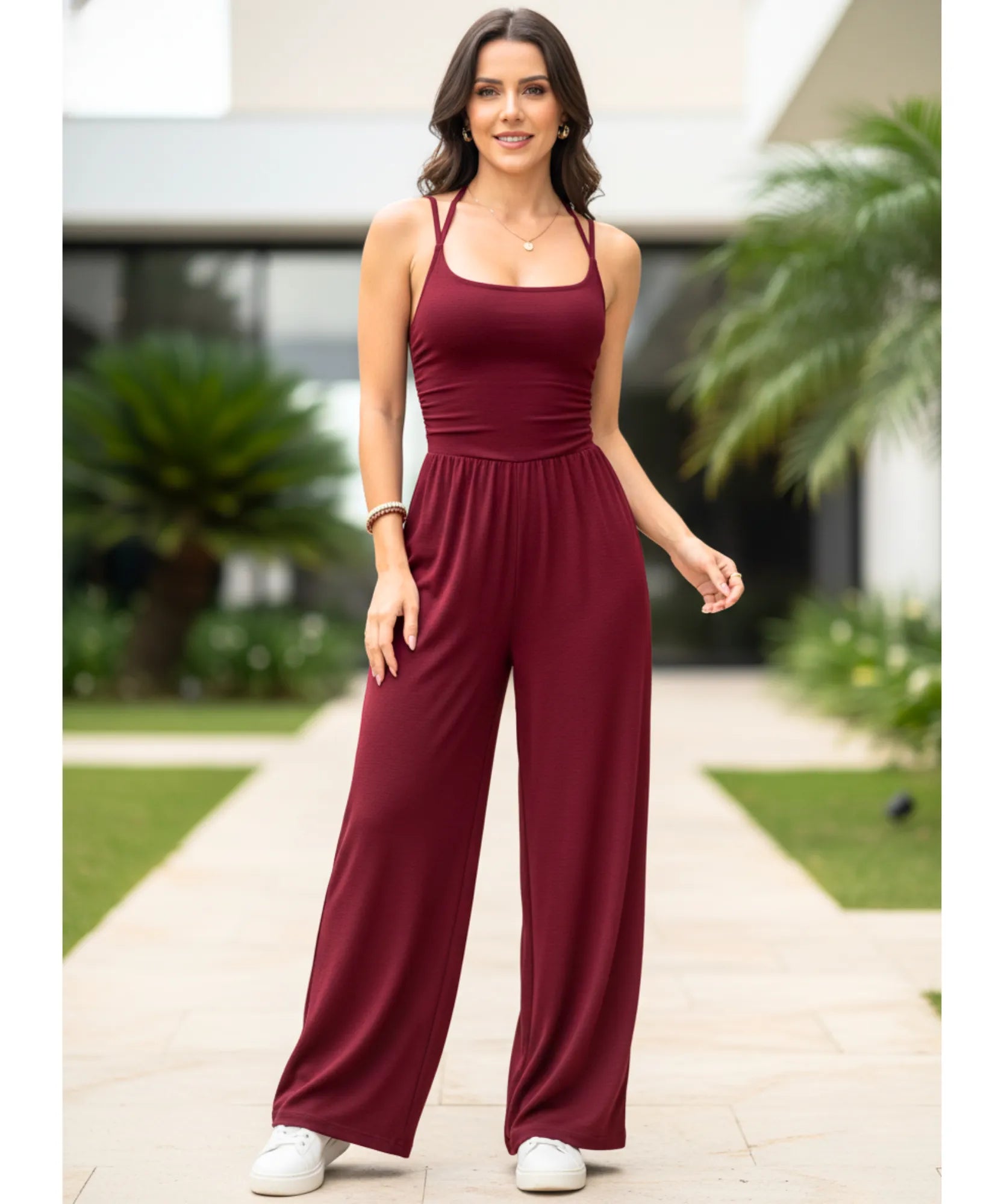 Comprar macacão feminino longo vinho malha alças cruzadas decote quadrado calça pantalona em promoção ZARA
