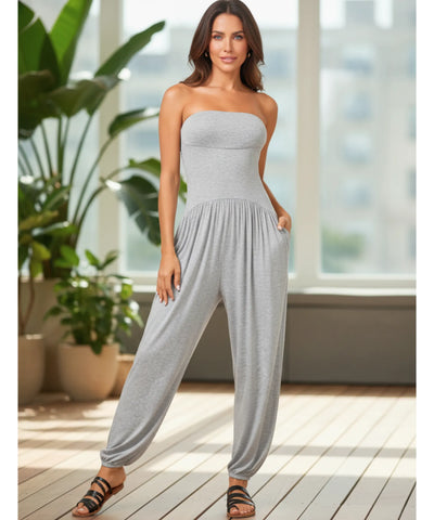 Women’s Strapless Long Knit Jumpsuit with Pockets | Olina